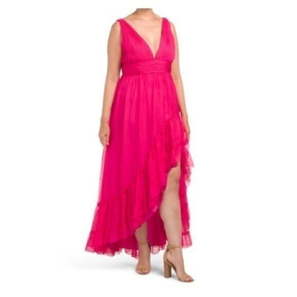 MAC DUGGAL Plus‎ Shirred Satin V-Neck Gown Size 14